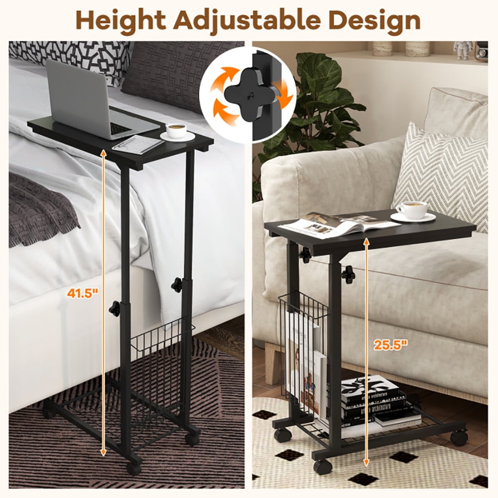 Finihen Rolling Side Table, Sofa Side Table, Bed Side Table, Rolling Height Adjustable Sofa End Side Table, for Living Room, Bedroom, Black