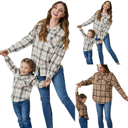 

Dadaria Family Pajamas Matching Sets Children Fashion Lattice Long Sleeves Comfortable Leisure Loose Pocket Tops Blouse Coffee Khaki Kids 3-4Y