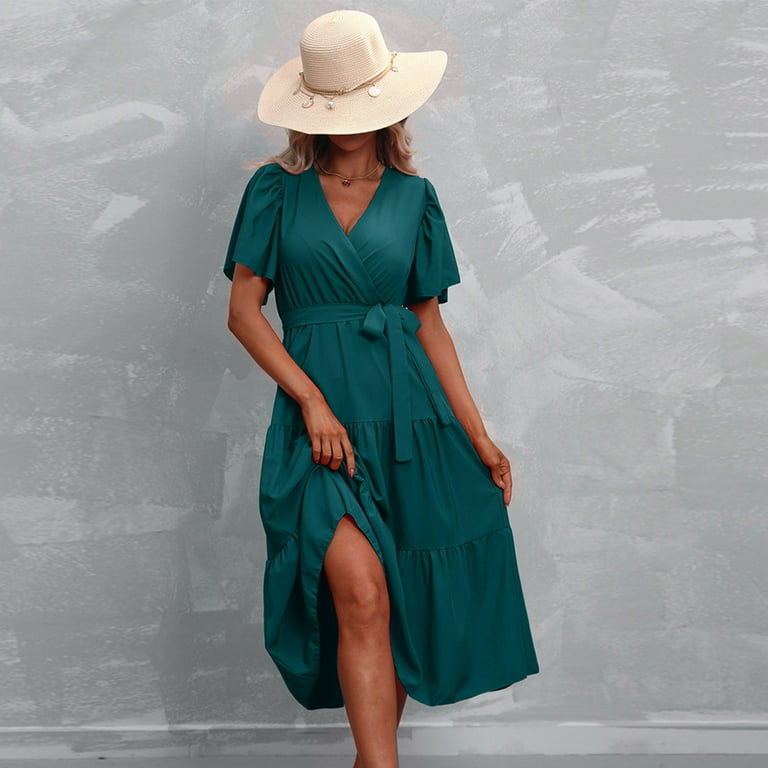 Jalioing Ruffle Dress for Women 2024wrap V Neck Sundress Lace Up Short Sleeve Midi Flowy Dresses Walmart
