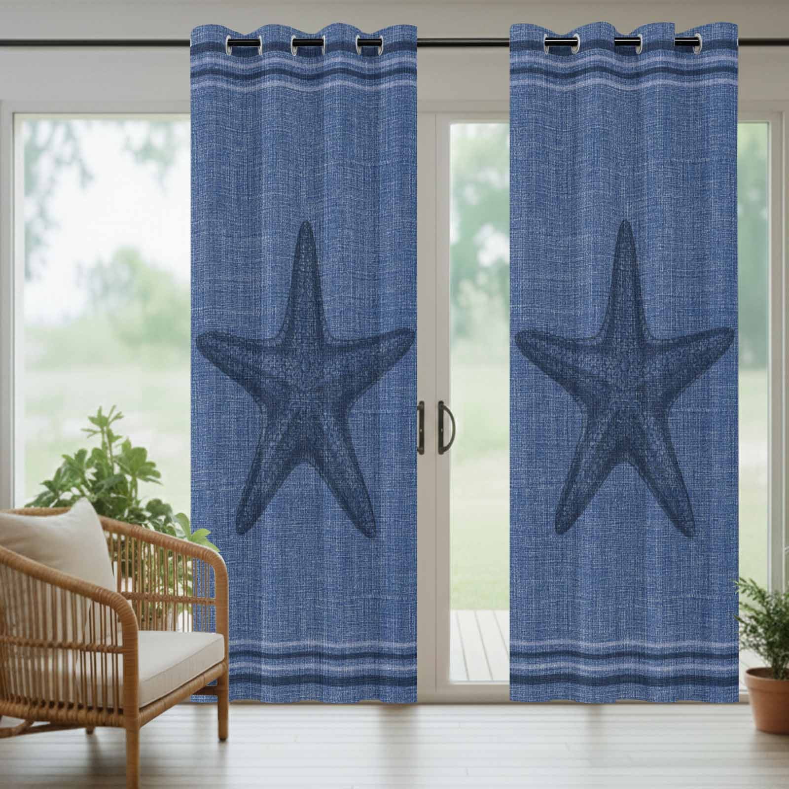 Ocean Starfish Outdoor Curtains for Patio, Nautical Coastal Navy Blue Beach Marine Life Black Stripe Sunshade Privacy Drapes Grommet Waterproof Outside Curtains for Porch Balcony 54"x108", 1 Panel