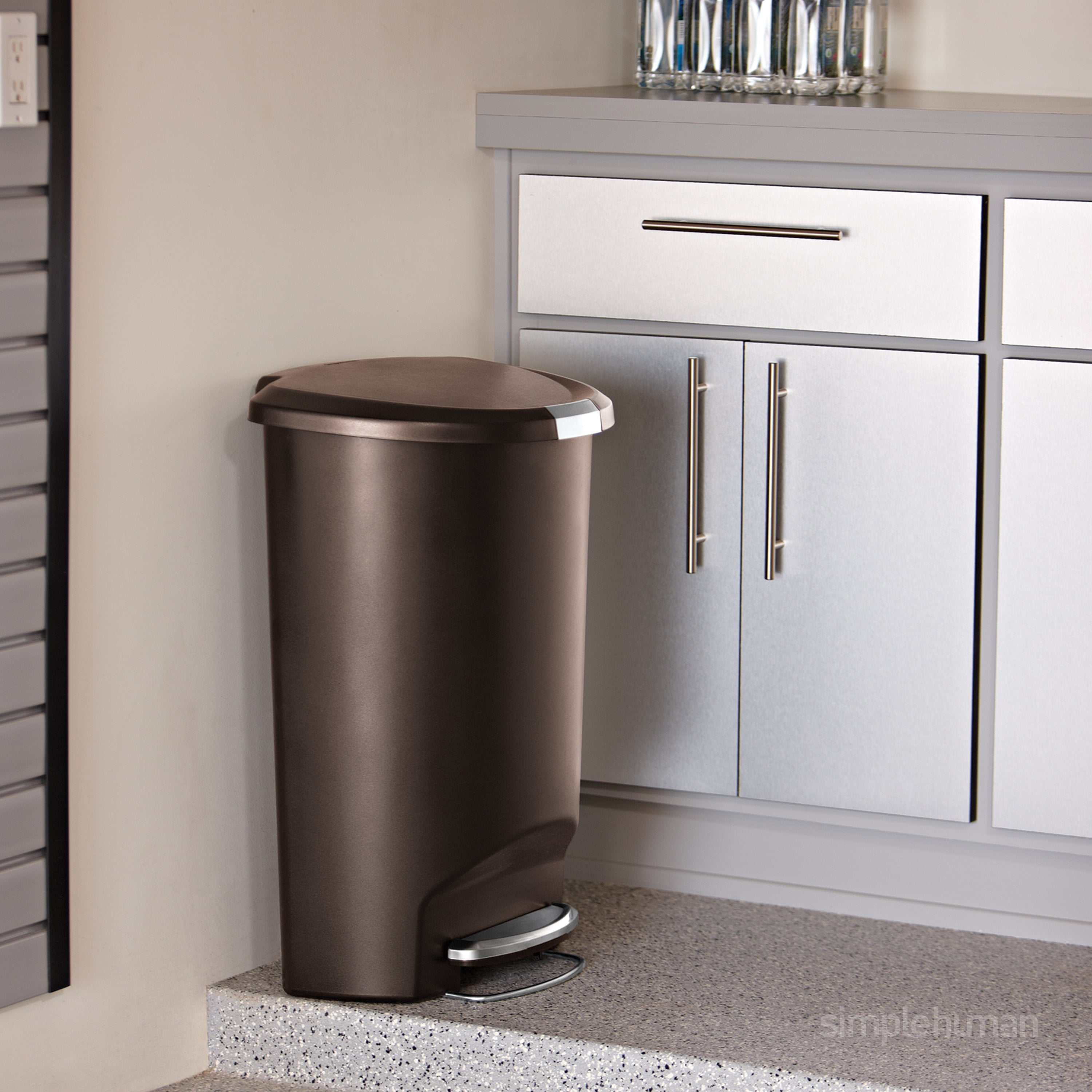 simplehuman Kitchen Trash Can, 13 Gallon Plastic Step Garbage Bin with Secure Slide Lock Lid, Brown