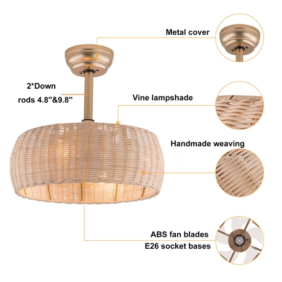 18" Boho Ceiling Fan with Lights, Rattan Caged Flush Mount Ceiling Fans with Light and Control, 6 Wind Speed Ceiling Fan Light Fixture for Kitchen Bedroom Office E26 x 4, Low Noise