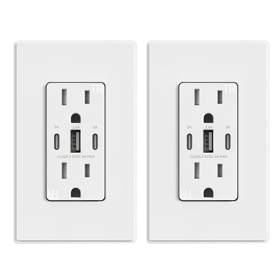 USB Outlets, 30W 6.0 Amp USB C Outlets Receptacles, 3-Port USB Wall Outlet, 15 Amp Tamper-Resistant Outlet with 2 USB C Ports, UL Listed, Screwless Wall Plate Included, 2 Pack, Matte White