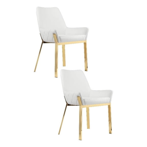 Benjara Fuma 23" Dining Accent Chair Set of 2- Tufted- White Faux Leather- Gold