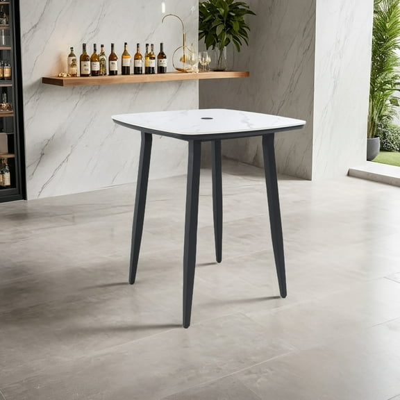 Noble House 35.4" Outdoor Rounded Square Bar Table, Durable Sintered Stone Greek Top, Umbrella Hole, Ember Black   White