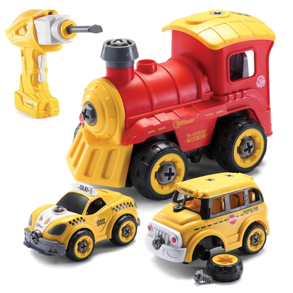 Camiones de juguete | Desmontar juguetes con taladro eléctrico | Se convierte en coche de control remoto | 3 en 1 autobús escolar, taxi, tren juguetes para desmontar niños | PROVENIR