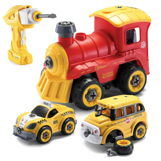 Camiones de juguete | Desmontar juguetes con taladro eléctrico | Se convierte en coche de control remoto | 3 en 1 autobús escolar, taxi, tren juguetes para desmontar niños | PROVENIR
