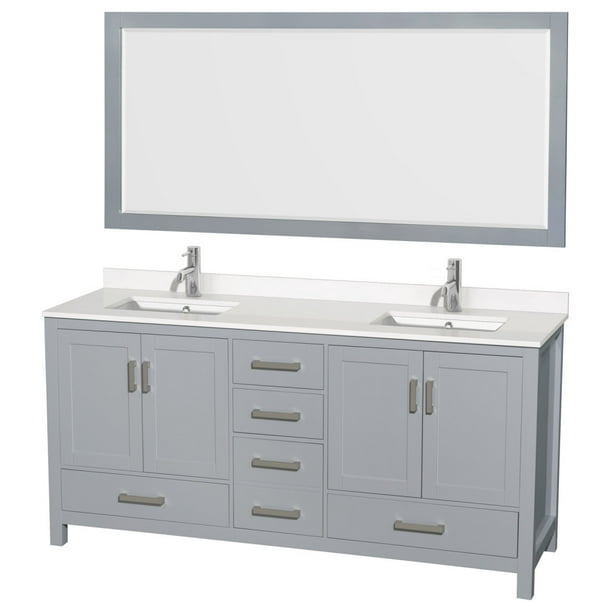 72 Double Bathroom Vanity In Gray White Quartz Top Square Sinks 70 Mirror Com Square Sinks 70 Mirror, 70 Bathroom Vanity With Top