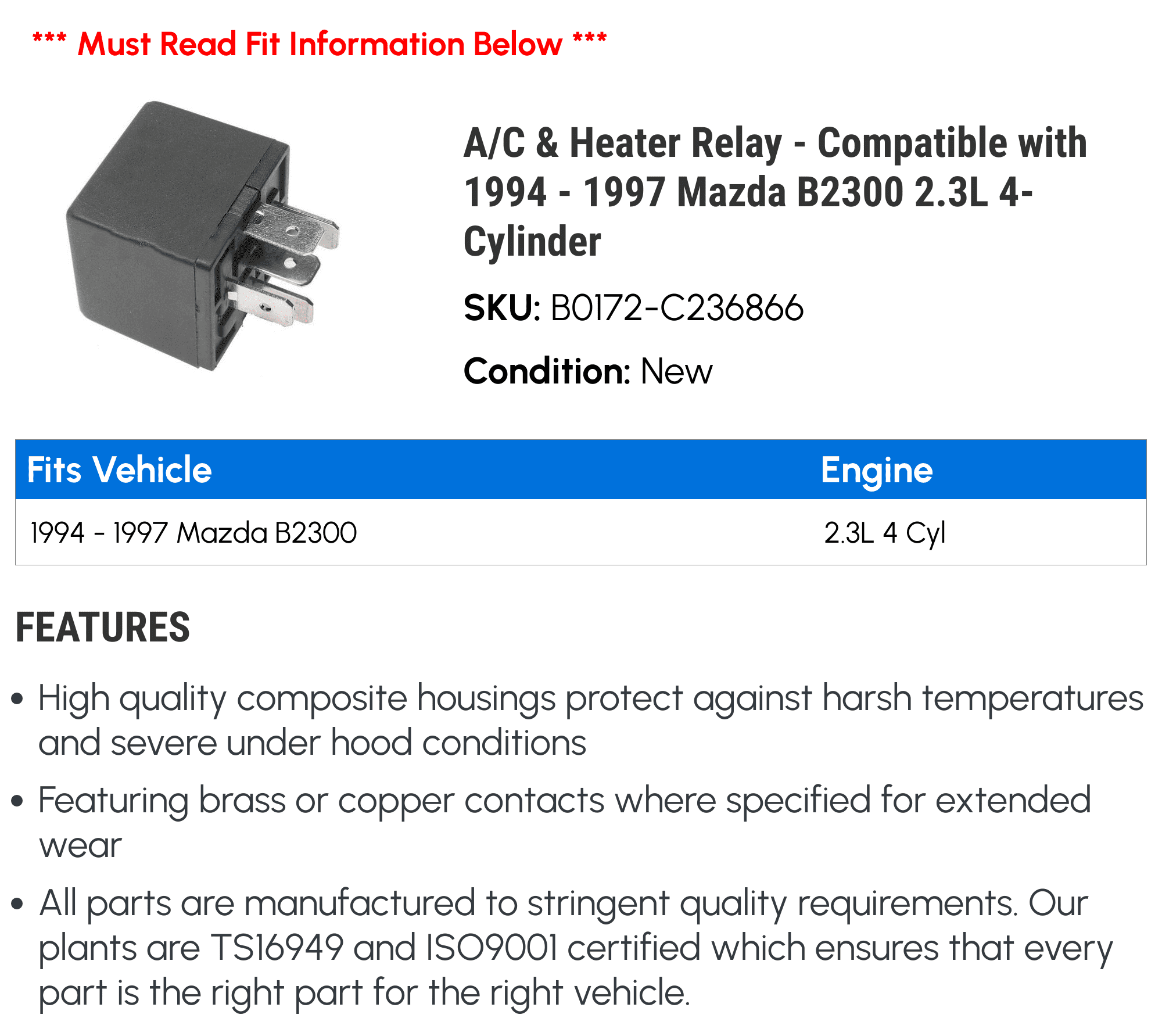 A/C & Heater Relay - Compatible with 1994 - 1997 Mazda B2300 2.3L 4-Cylinder 1995 1996
