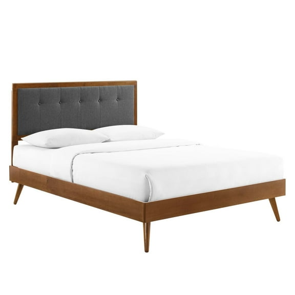 Willow Tufted Wood Queen Platform Bed - Mid-Century Design, Upholstered Headboard, Sturdy Construction, Wood Slat Support System - Walnut Charcoal
