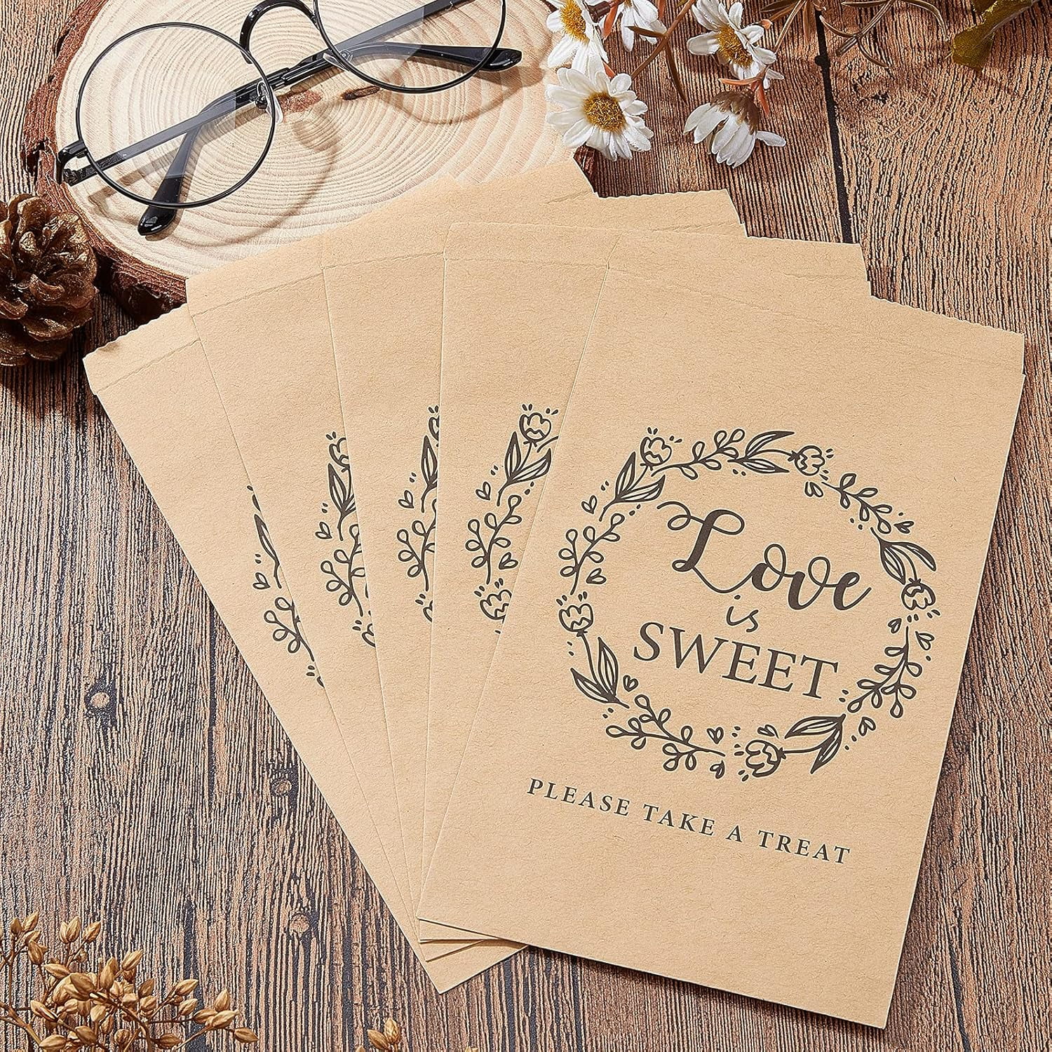 PH PandaHall 100pcs Paper Bags 4.5x7.5 Kraft Paper Treat Bags Small Flat Paper Favor Bag For Valentine Wedding Party Gift Candy Bar Baptism Card Small Business, Brown, Love Is Sweet