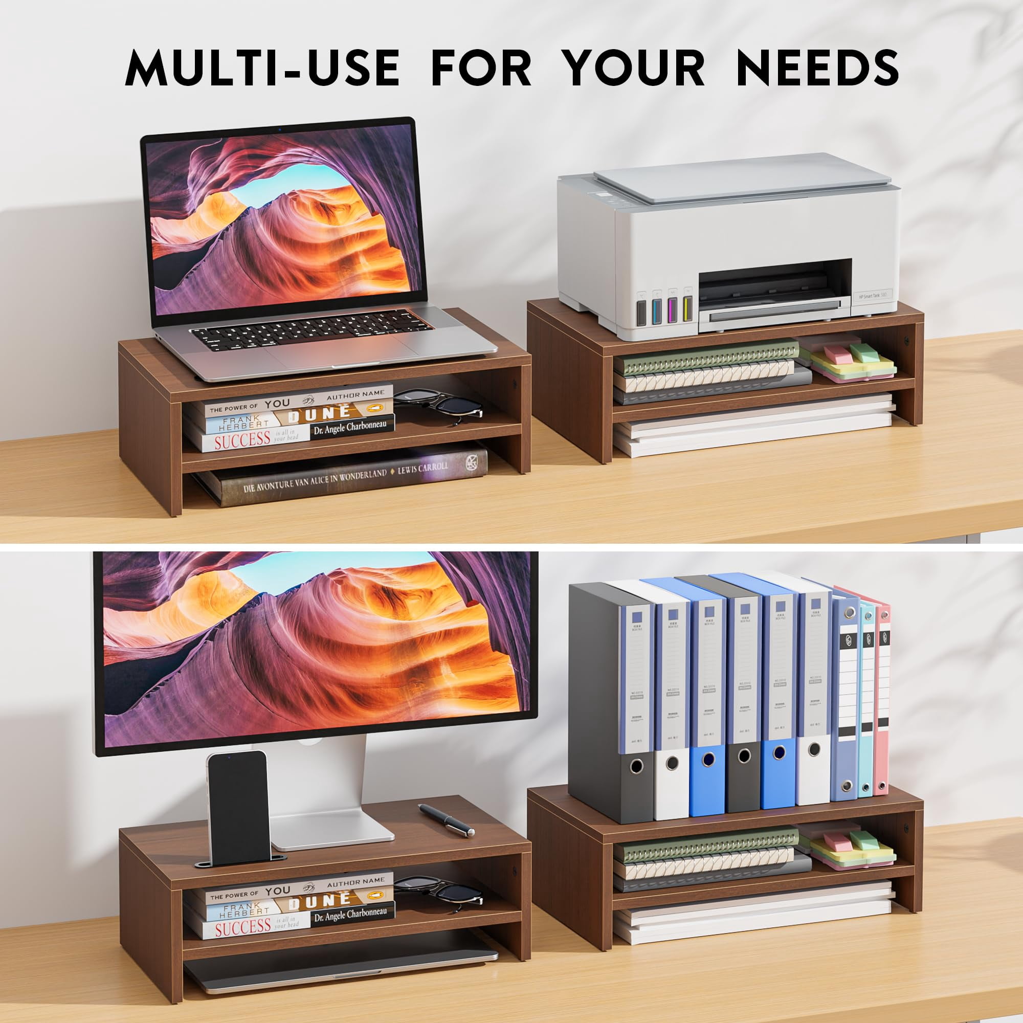 Wooden Monitor Stand Riser  2-tier Desk Shelf With Storage Organizer Computer Cable Management Cellphone Holder Walnut 16.5 Inch