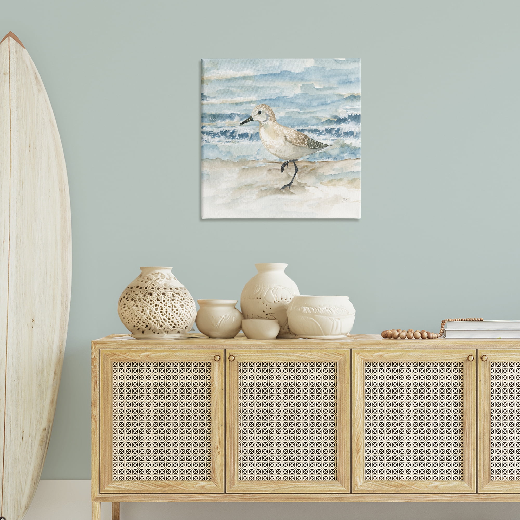 Stupell Industries Balancing Sandpiper on Shore Animals Painting Wrapped Canvas Canvas Art Print Wall Art, 30 x 30