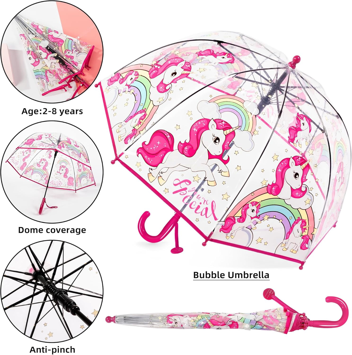 MGH 2 PCS Kids Clear Umbrellas for Rain Dome Bubble Umbrella Windproof for Toddler Boys Girls