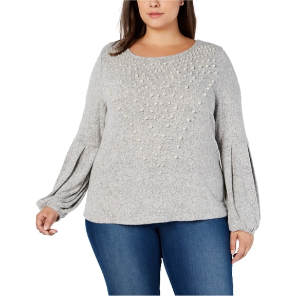 I.N.C Womens Pearl-Embellished Pullover Sweater, Grey, Plus Size, 1X