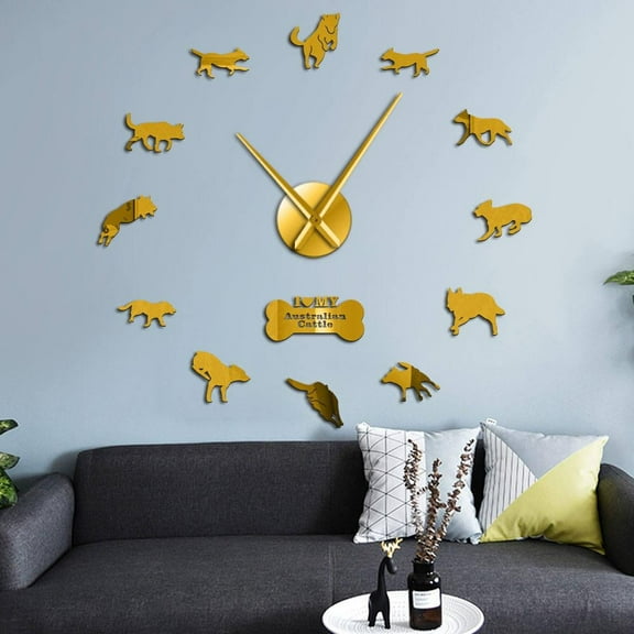 Australian Cattle Dog Breed 3D DIY Wall Clock Canine Pet Silhouette Acrylic Big Time Clock Dog Lover Gift Doggie Animal Watch(Black,27inch)