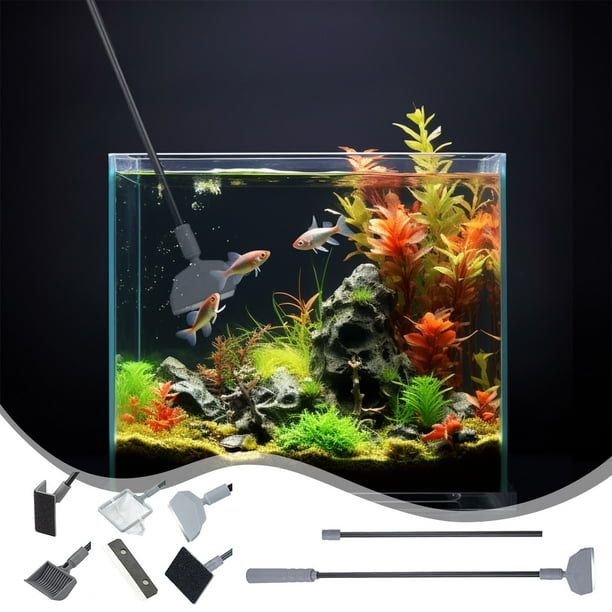 Kit de limpieza de algas, plantas acuáticas y césped, juego 5 en 1, herramientas para acuario, incluye raspador de algas, rastrillo de arena, cepillo plano/rectangular ajustable y red de pesca.