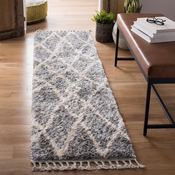 SAFAVIEH Berber Fringe Amyas Geometric Shag Runner Rug, Dark Gray/Cream, 2' x 8'