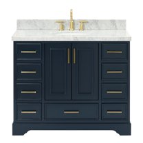 Ariel Stafford 43 Inch Single Oval Sink Vanity With Carrara White Marble Countertop W/1.5" Edge In Midnight Blue