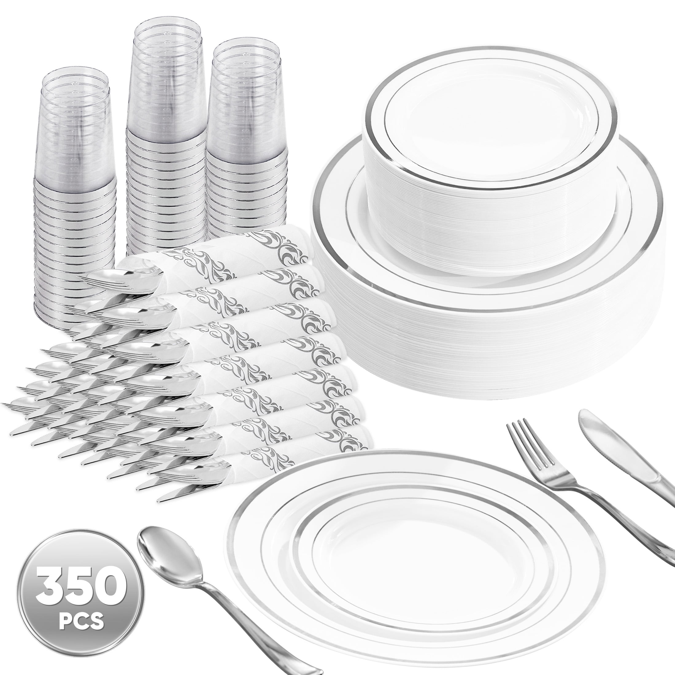 Daluvenix 350 Silver Plastic Dinnerware Set for 50 Guests, Silver Plastic Plates for Party, 50 Disposable Plates, 50 Dessert Plates, 50 Napkins with Silverware, 50 Cups