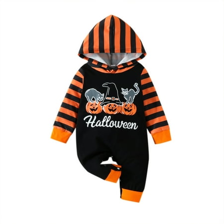 

nsendm Metallic Romper Baby Toddler Kids Girls Boys Infant Cartoon Halloween Letters Hooded Preppy Baby Boy Clothes Black 6-12 Months