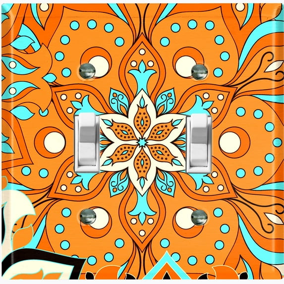 Metal Light Switch Plate Cover Orange Teal Flower Mandala Tile Pattern MDL015