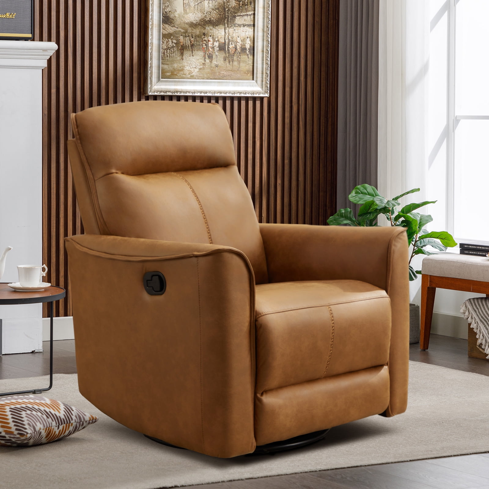 Bonzy Home PU Leather Swivel Rocker Recliner, 360 Degree Swivel Rocking Chair with Soft Backrest for Living Room, Bedroom and Office,Brown