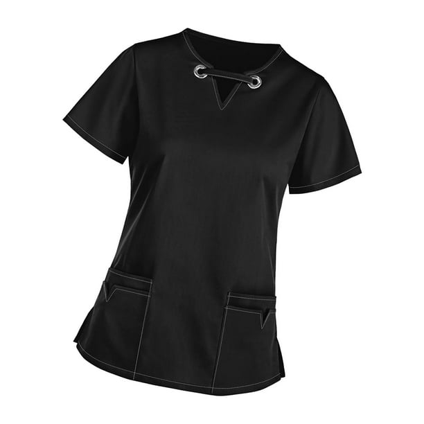 Top médico con cuello en V para mujer, ropa de trabajo de enfermera con múltiples bolsillos, manga corta, enfermera Negro XL