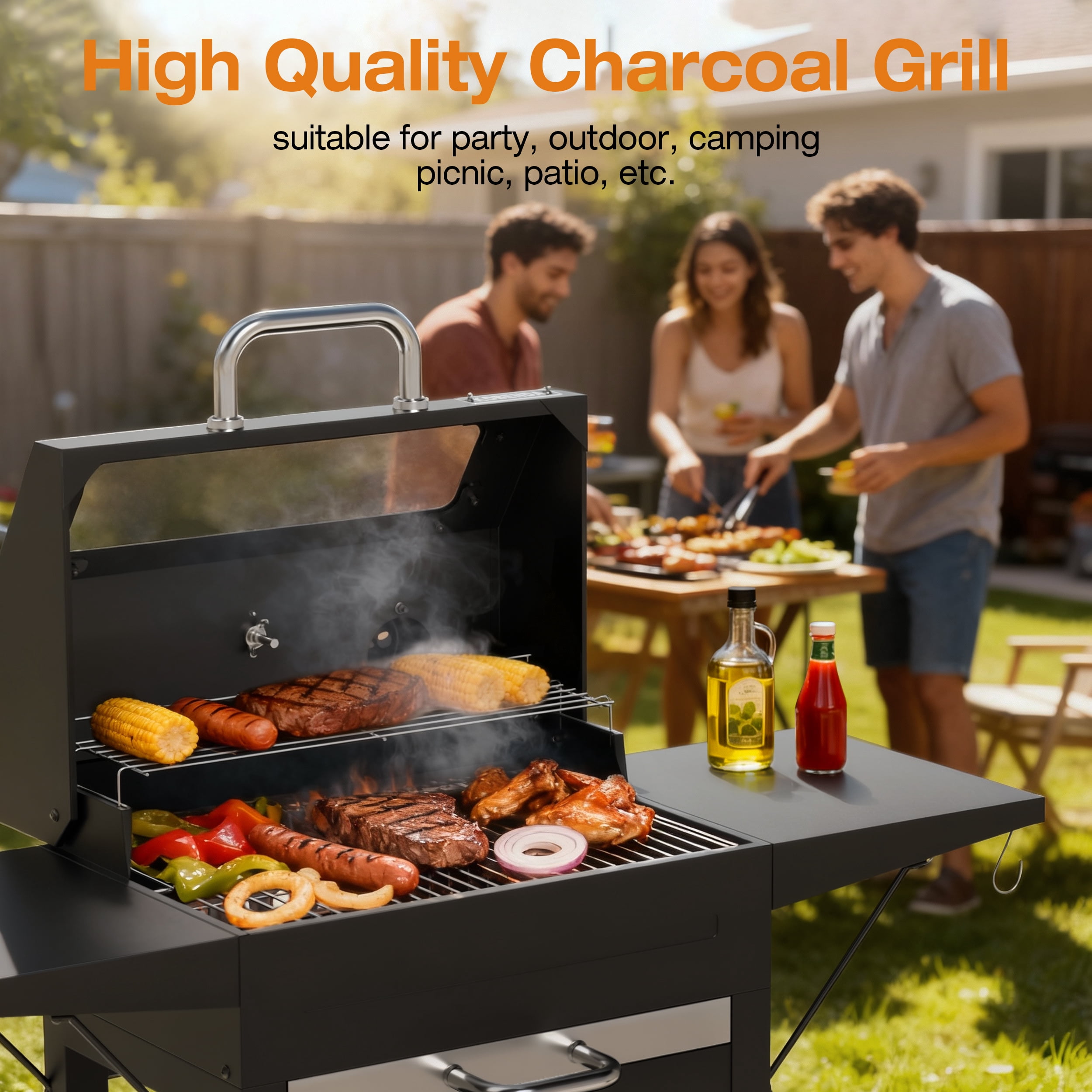 KOBENDA 20 inch Charcoal Grill with Side Tables & Glass Viewing Window, Outdoor BBQ Grill for Backyard , Black