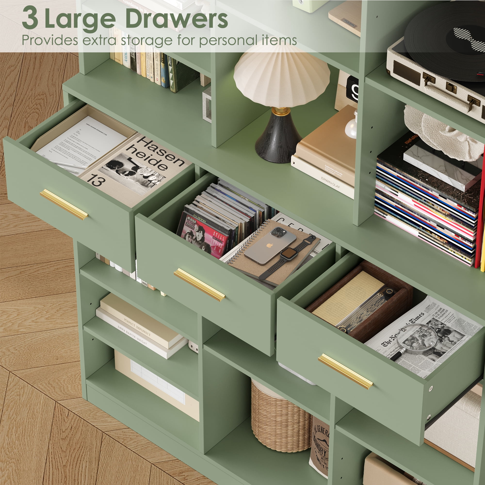 Homfa 75'' Tall Bookcase with Adjustable Shelves, 3 Drawers Display Bookshelf For Living Room, Home Office, Green