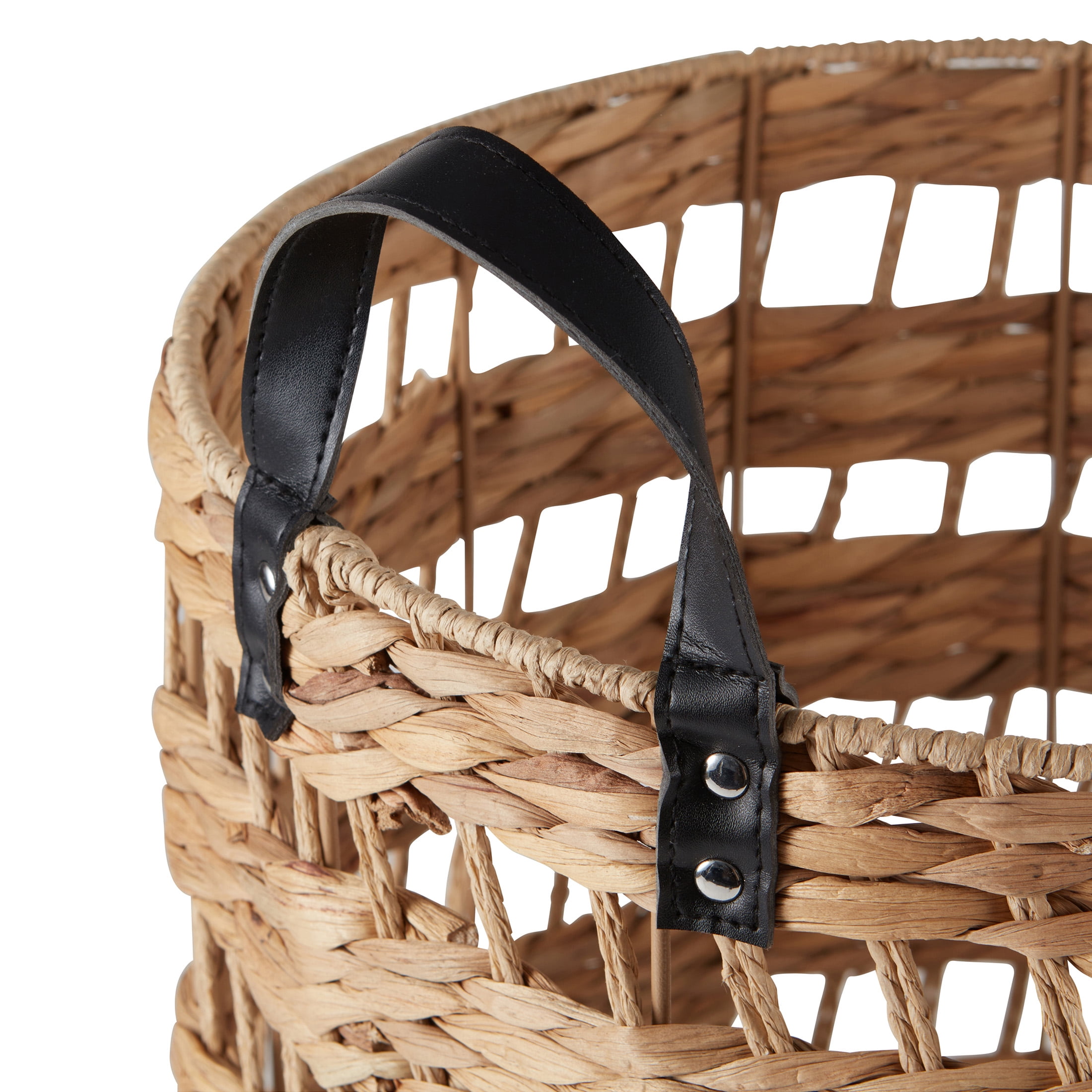 Better Homes & Gardens 2-Pack Round Storage Baskets, Woven Fabric, Black Faux Leather Handles, Natural, 14.5"D x 16.5"H – Decorative Bin for Blankets, Toys, Home Organization