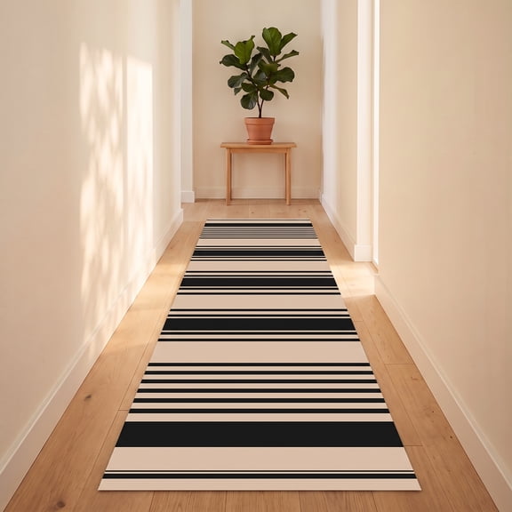 ICEANT 2'x6' Minimalist Stripe Non-Slip Kitchen Mat, Geometric Hallway Runner Rug, Machine Washable Durable Carpet with Gripper, Modern Aesthetic Floor Mat for Corridor Entryway ,Brown/Black