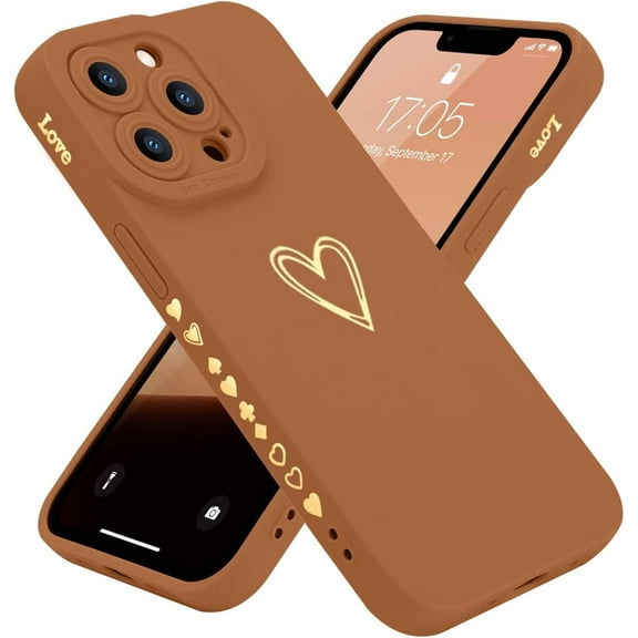 Compatible with iPhone 13 Pro Max Case 6.7 inch for Women Girls, Cute Luxury Heart [Soft Anti-Scratch Full Camera Lens Protective Cover] Silicone Girly Phone Case for iPhone 13 Pro Max-Brown
