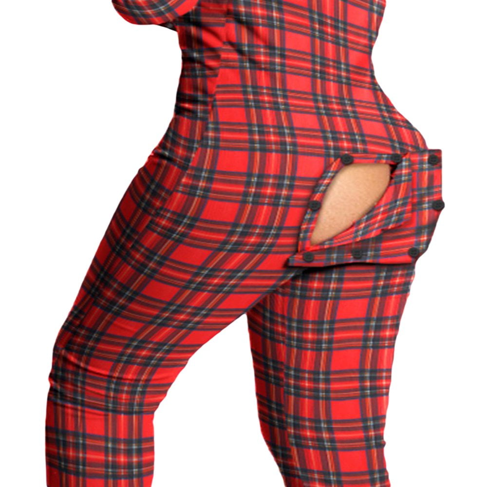 Women Butt Flap Pajamas Button Down Front Buttoned Flap Adults Jumpsuit One Piece Sleepwear