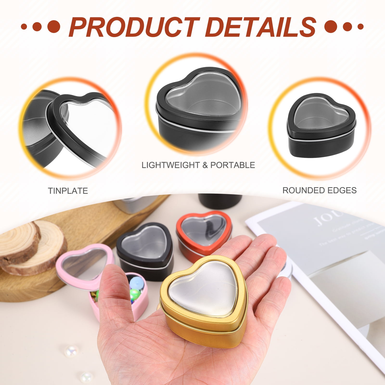 Heart Shaped Candle Tins with Clear Window Lids, 2 oz Empty Metal Tin Cans for Candle Making Candies Gifts DIY Crafts, Black, Pack of 12
