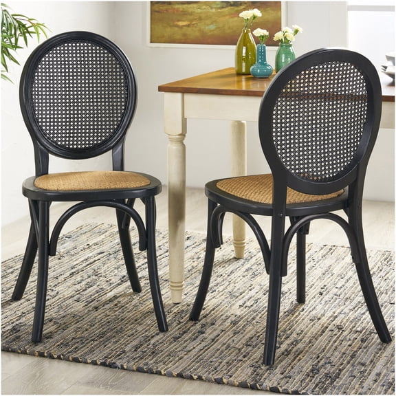 Vintage Rattan Dining Chairs Set of 2, Matte Black Finish with Pressed Cane Webbing for Kitchen and Dining Room