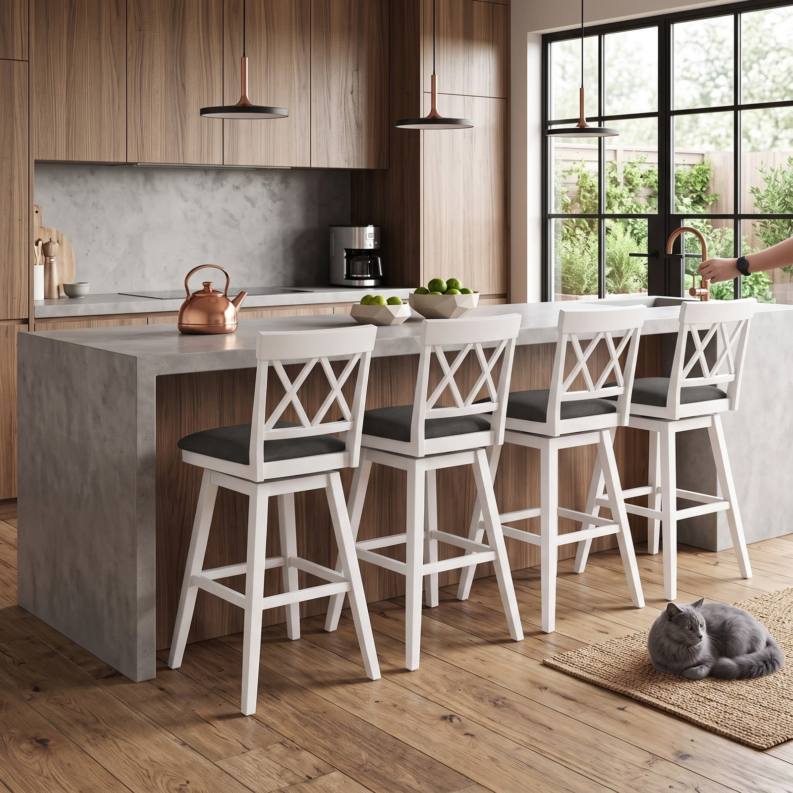 Furnibear Set of 2 Swivel Bar Stools 29 Inch Counter Height Barstools with Backrest Upholstered Linen Seat Cushion Rubber Wood Frame for Kitchen Island Pub, Oak White