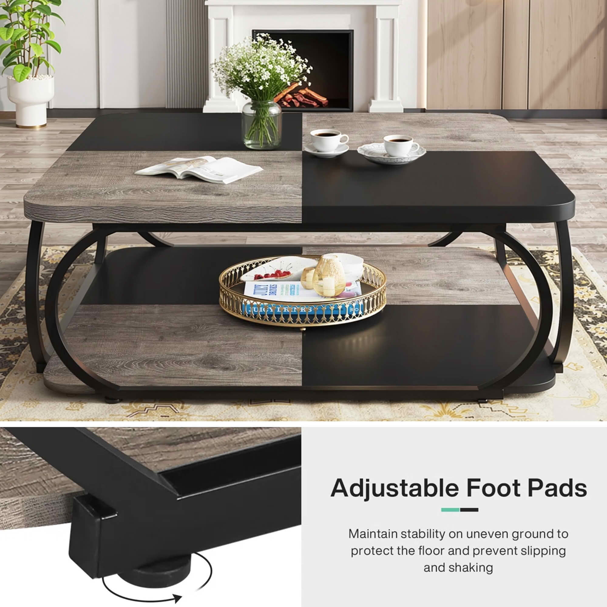 MAYEERTY 39" Square 2-Tier Coffee Table, Rustic Brown Wood Curved Black Metal Frame Farmhouse Modern Cocktail Table