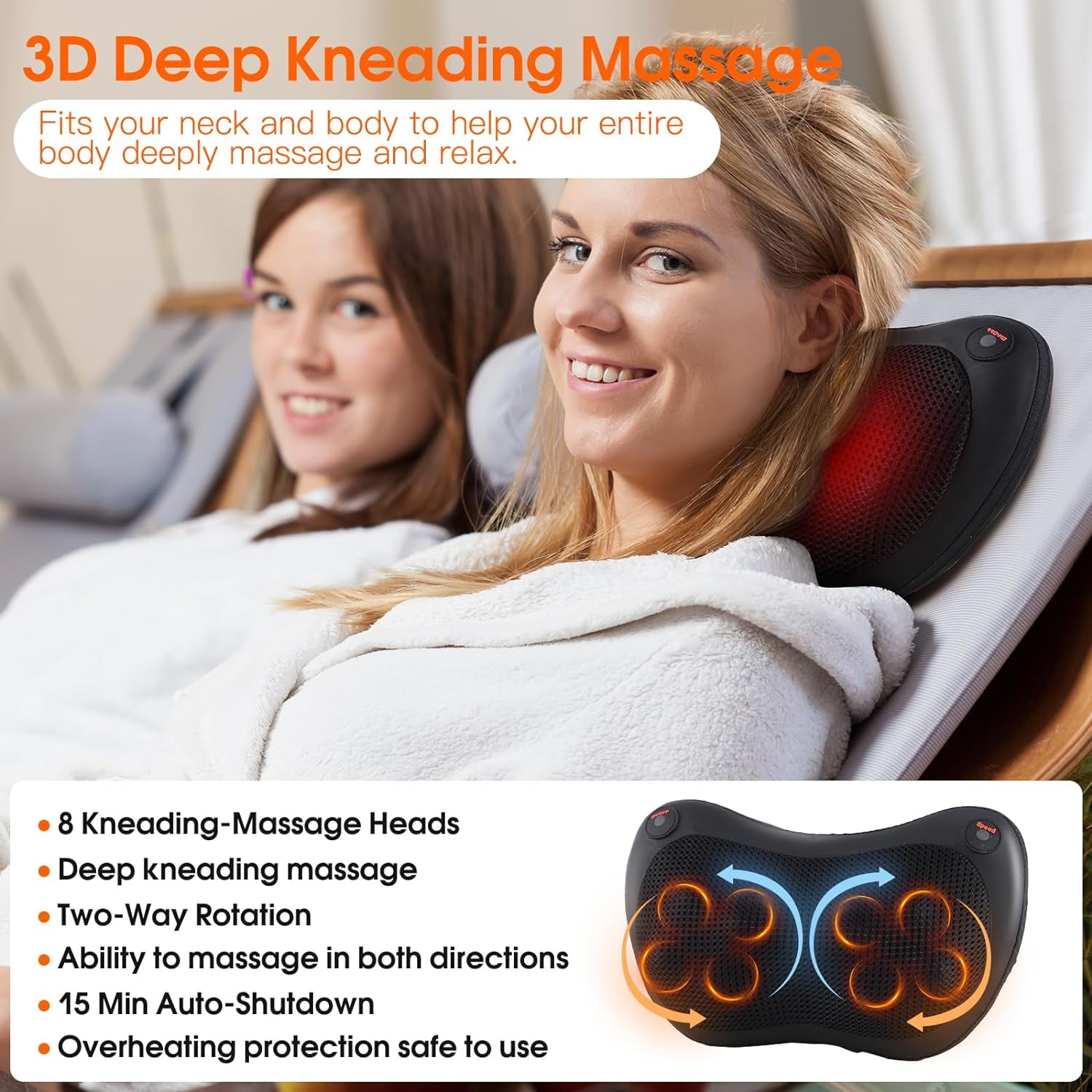 BN-LINK Back and Neck Massager with Heat, Electric 3D Deep Kneading Tissue Massage Pillow for Chair & Car, Muscle Pain Relief on Shoulders, Legs, Foot, office and Home Use