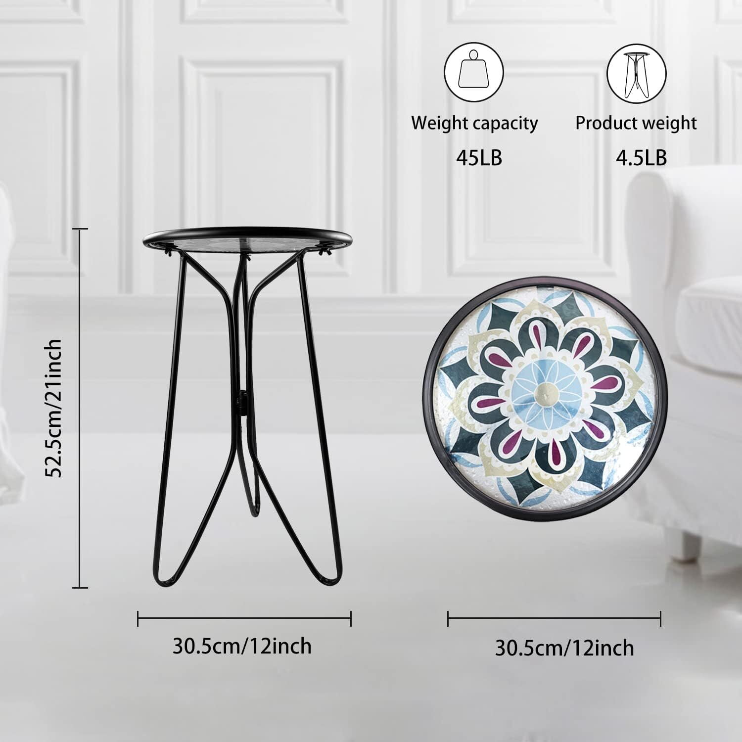 Liffy Outdoor Mosaic Table - Stylish Flower Art Design Metal & Glass End Table-Plant Stand for Patio, Balcony and Living Room - 12x12x22 inches