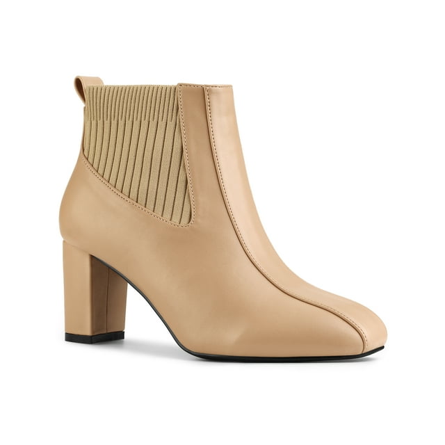 BLISSFUL STEP Women's Chelsea Square Toe Block Heels Boots Nude 9