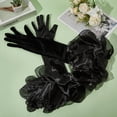 thumbnail image 3 of Guantes de boda de satén negro, largos, retro, formales, de terciopelo suave, elásticos, con volantes de tul transparente, puños plisados ​​sobre el codo., 3 of 9
