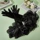 thumbnail image 3 of Guantes de boda de satén negro, largos, retro, formales, de terciopelo suave, elásticos, con volantes de tul transparente, puños plisados ​​sobre el codo., 3 of 9