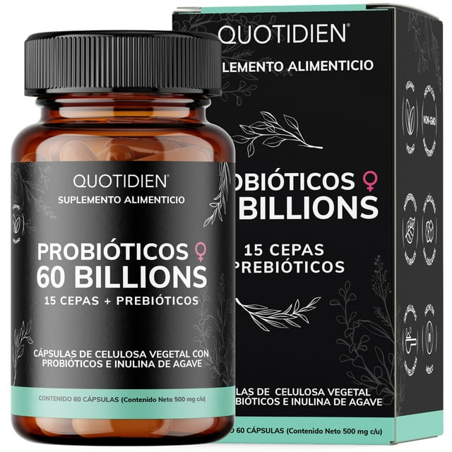 suplemento alimenticio probioticos mujer 60 billion inulina de agave + prebióticos quotidien 60 cápsulas — Frasco ámbar con tapa negra y caja negra en 3/4; etiqueta muestra “Probióticos 60 Billions”, “15 cepas + prebióticos”, menciona inulina de agave y cápsulas de celulosa vegetal; acento turquesa en la base del envase.