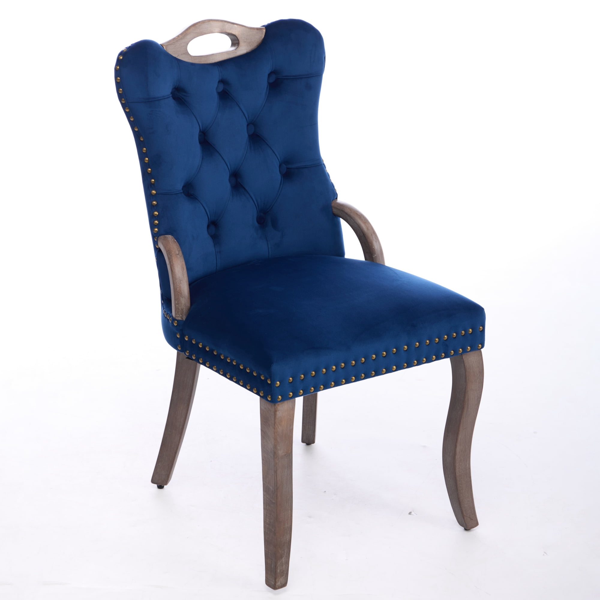 Garitin Dining Chair Set of 2 and Velvet Upholstered Arm Chairs, Button Tufted Back with Nailhead Trim and Solid Wood Legs for Dining Room, Blue
