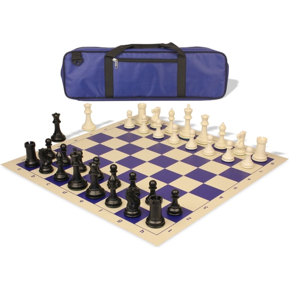 Conqueror Carry-All Plastic Chess Set - Black & Ivory Pieces with Vinyl Rollup Board - Blue