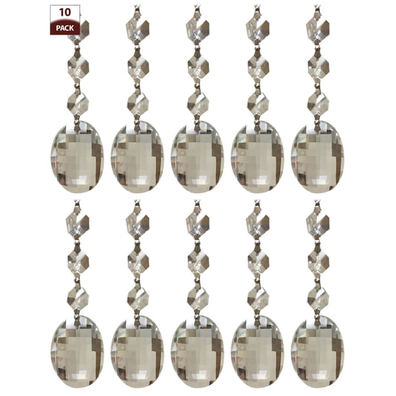 Royal Designs 10 Pack Chandelier Replacement Crystal Prisms Clear Oblate Cut Three Bead Chrome
