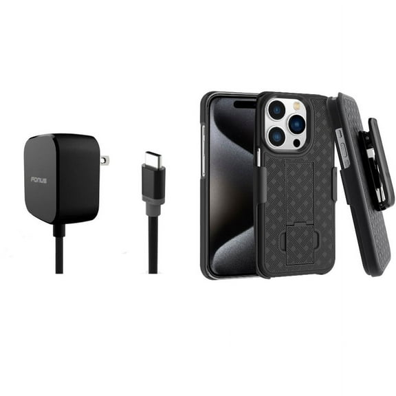 Fast Home Charger & Case Belt Clip for iPhone 15 Pro - 15W 5ft Long Type-C Turbo Charge and Holster Swivel Cover Kickstand V2O for iPhone 15 Pro (6.1")