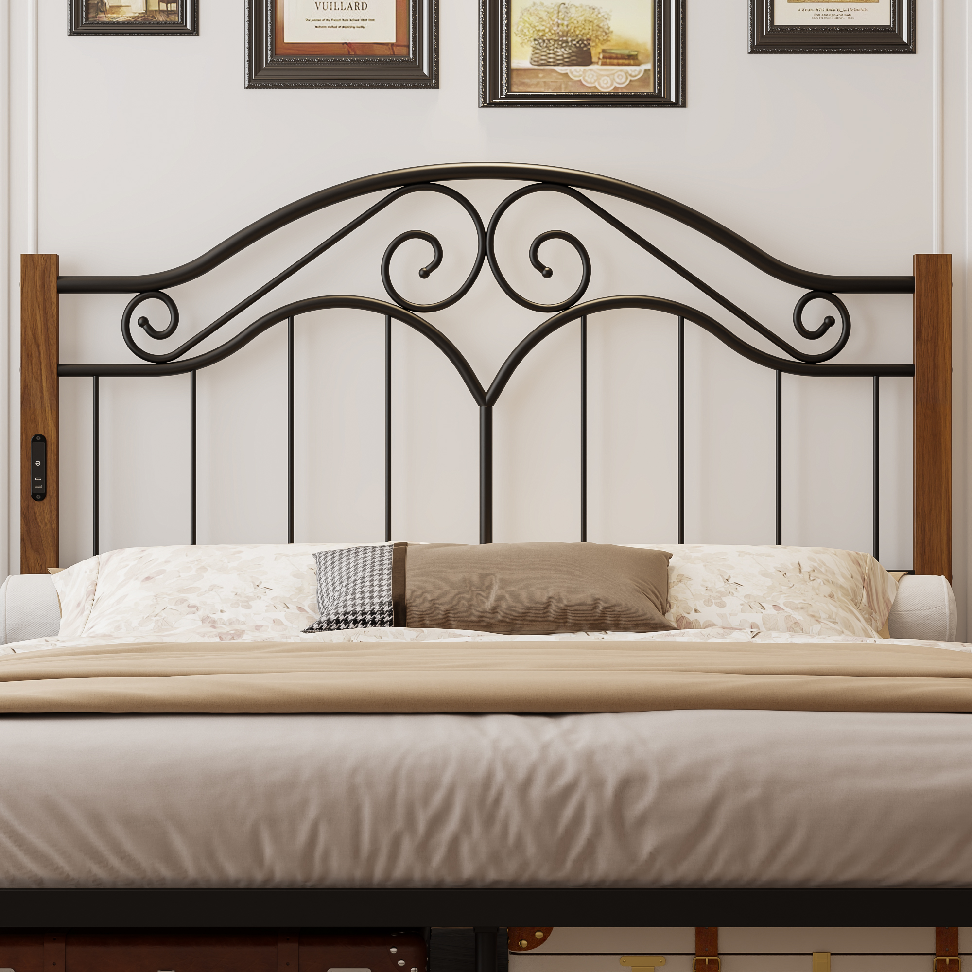 Yoneston Vintage Wood Grain Metal Queen Headboard with Charging and 3-Level Height Adjustment Design, Black