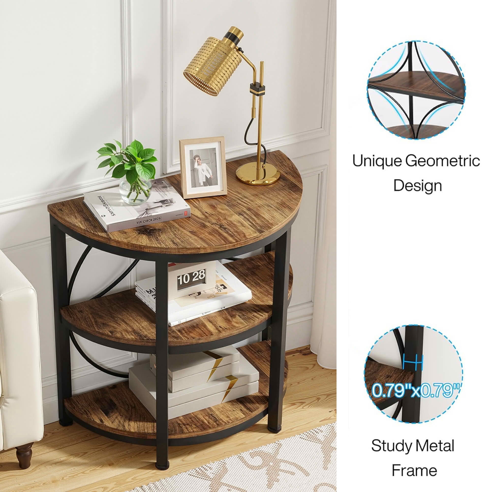 MAYEERTY Half-Round 3-Tier End Side Table, Rustic Brown Particle Board Black Metal Frame with Adjustable Foot Pads